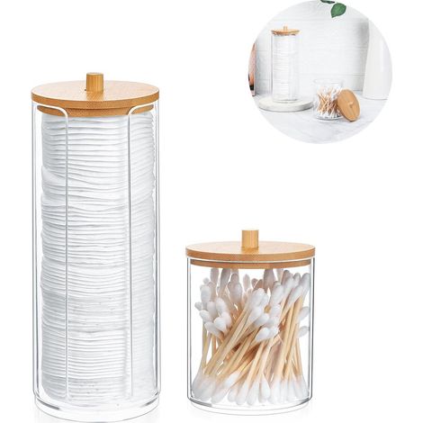 Boîte de rangement en acrylique transparent pour cotons-tiges avec couvercle en bambou, lot de 2 (1/5)