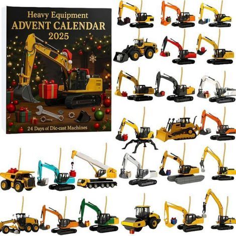 Calendrier De L Avent Engins - 24 Décorations En 2D Avec Rubans - Thème Chantier Excavatrice Bulldozer Grue Camion Benne - Coffret Cadeau Noël