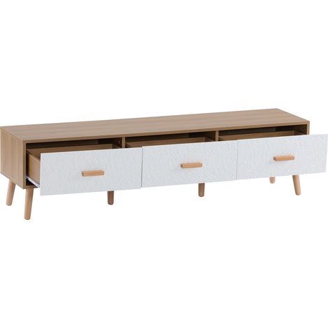 Mobile TV basso vintage in truciolare bianco e legno chiaro 150 x 35 x 39 cm (1/5)