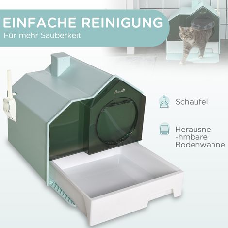 Litière pour chat, design cabane, 1 tapis pré-filtre, 1 pelle à litière, bac amovible, vert + blanc (1/4)