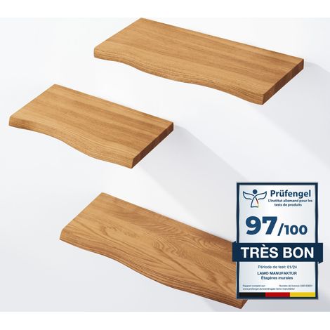 Étagère murale en bois massif 3 étagères – Fixation invisible – Dimensions 42/36/30cm – Bord irrégulier – Couleur marron noisette – Lamo Manufaktur