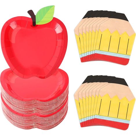 Juego de vajilla de 100 piezas para la vuelta al cole: platos y servilletas desechables, platos con forma de manzana roja, servilletas con forma de lápiz, 100 piezas. (1/5)