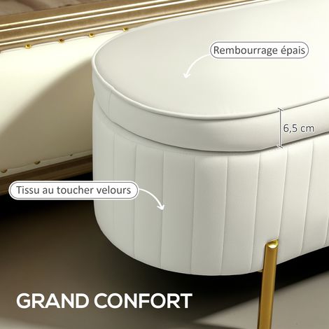 Banc rangement bout de lit velours couvercle pieds métal 72L 108x44x43,5 cm crème