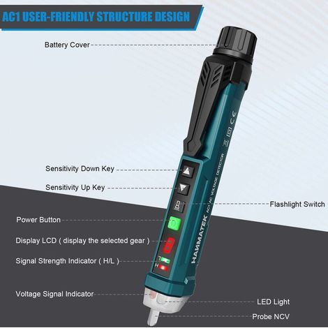 Detector de tensión sin contacto, pantalla LCD, linterna LED, doble rango 12V/48V-1000V, sensibilidad ajustable (1/5)