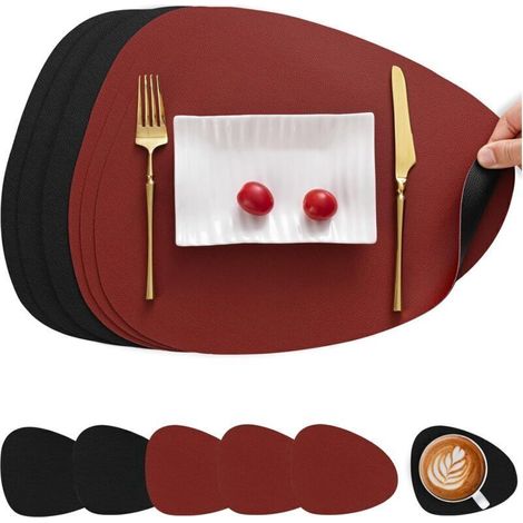 Sets de table et dessous de verre en cuir, double face, antidérapants, lavables et imperméables (rouge et noir, lot de 6) (1/5)