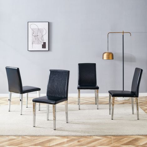 [Set di 4 sedie da pranzo minimaliste] Lusso leggero in stile europeo, nei colori nero e argento: rivestimento in similpelle nera e gambe in metallo color argento, perfette per sale da pranzo, soggior