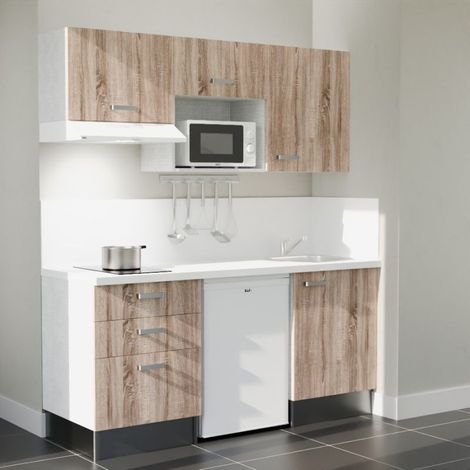 Kitchenette K20L-PT - 180 cm avec plan de travail et évier - Façade Bois - Plan Blanc - Crédences Oui