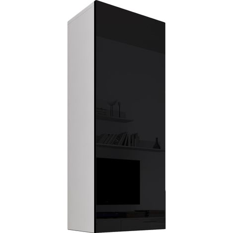 Armario colgante  Vitrina  Mueble de Salón  Armario de pared  1 puerta 3 compartimentos  40x126x29cm  Modelo Nora V1  Blanco y Negro brillo (1/3)
