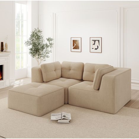 Divano angolare modulare in velluto a coste beige, configurabile a L con poggiapiedi mobile, senza montaggio (1/5)
