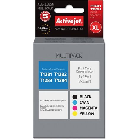 Activejet AEB-1285N Ink (replacement for Epson T1281. T1282. T1283. T1284 Supreme 1 x 15 ml. 3 x 13 ml black. magenta. cyan. yellow)