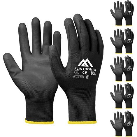 flintronic Gants de Travail 6 Paires, Gants en Nylon résistant à l'abrasion, Revêtement en PU, Polyvalent Gants de Jardinage, Pour Mecanique Industrielle Logistique Assemblage - Noir Taille 8/M (1/5)
