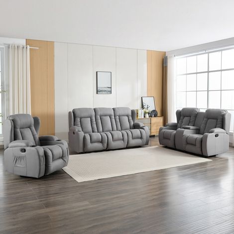 CAESAR 1+2+3 SEATER GREY TECHNOLOGY FABRIC MODERN MANUAL RECLINER SOFA SET w DRINKS CONSOLE (1/5)