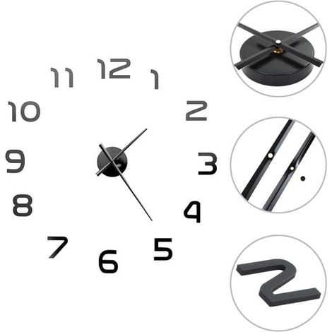 Horloge murale 3D, design moderne, très grande (100 cm), noire. (1/5)