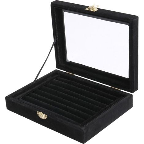 Boîte de Rangement en Velours avec Couvercle en Verre pour Bijoux Bagues Boucles d'Oreilles Noir (1/4)