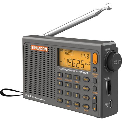 Radio Portable R108 FM AM MW SW Multibande Poste avec Affichage du Temps de Parole Fort RéTro-éClairage NuméRique Alarme (1/5)