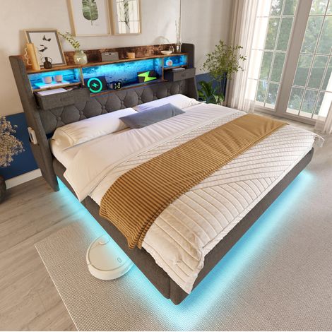 Letto matrimoniale 160x200 cm grigio in lino con LED, ricarica USB e contenitore (1/5)