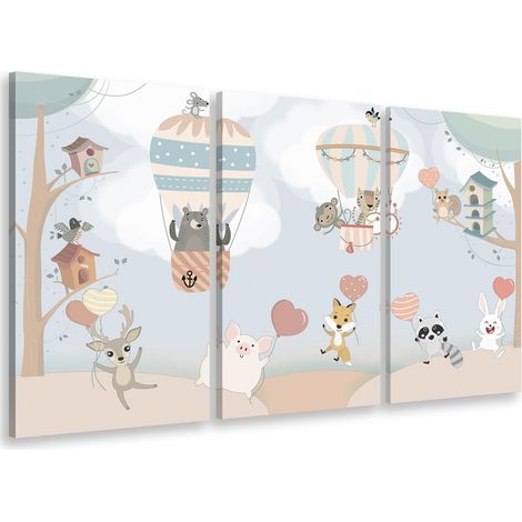 Tableau triptyque enfant scène d'animaux dans la forêt - 90x60 cm (1/4)