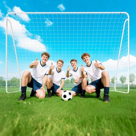 But de football résistant aux UV, robuste, ancrages au sol, blanc