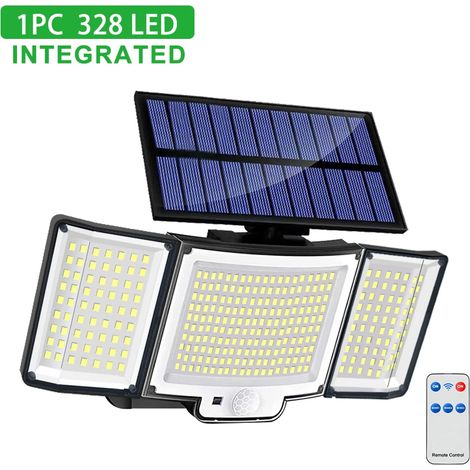 Projecteur solaire d'extérieur intégré (1 pièce, 328 LED), étanche, avec détecteur de mouvement, compatible avec les jardins. Équipé de 3 têtes, 3 LED et 3 têtes. (1/5)