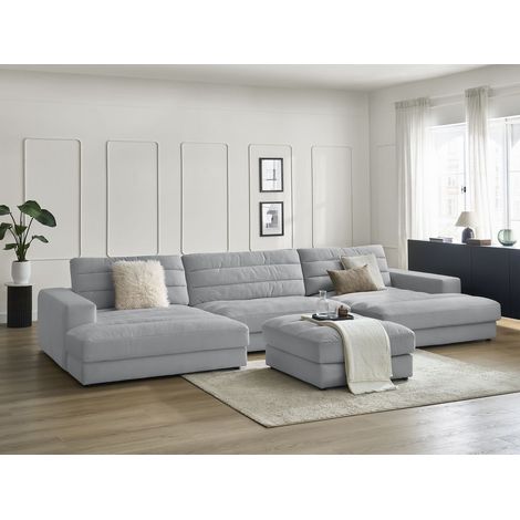 BOBOCHIC - Canapé panoramique fixe SIERRA velours avec pouf Gris clair (1/5)