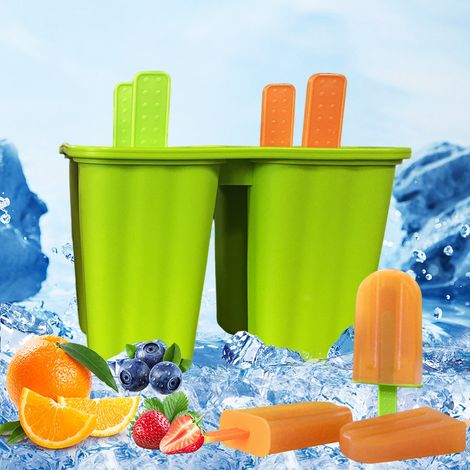 Moldes para cubitos de hielo JSSEVN-4, de silicona apta para uso alimentario, para hacer refrescos, paletas heladas, con palitos y protectores antigoteo (2 piezas) (1/5)