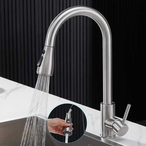 Robinet Cuisine avec Douchette Extractible, Mitigeur Cuisine Acier Inoxydable 304, Haut Bec Robinetterie Evier Rotatif à 360° en 3 Modes de Réglage, Finition Brossée, Froid & Chaud Disponible (1/5)