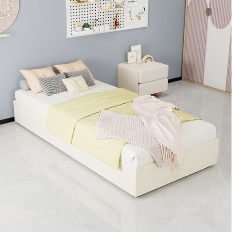 Lit enfant moderne 90x200 cm beige, tissu et métal, avec tête de lit fantaisie et rangement à vérins (1/5)