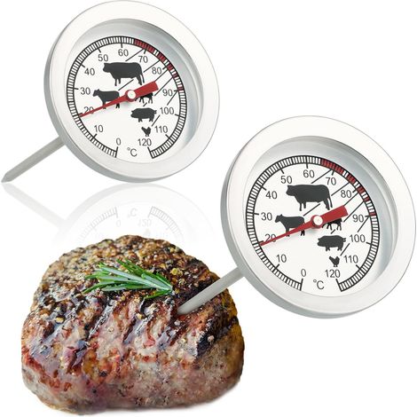 Thermomètre à rôtir 2x en acier inoxydable - thermomètre à viande analogique jusqu'à 120 ° C - thermomètre à grill - aiguille à viande - 10 cm (1/5)