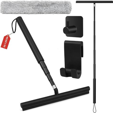 Raclette de douche extensible noire avec manche télescopique de 30 à 120 cm - Raclette de fenêtre avec noyau en acier inoxydable - Raclette de sol et raclette à eau pour salle de bain, douche (1/5)