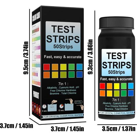 7-in-1 Pool-Teststreifen, 50 Streifen zur Wasserqualitätsanalyse, misst pH-Wert, Chlor, Brom, Säuregehalt und Cyanid (1/5)