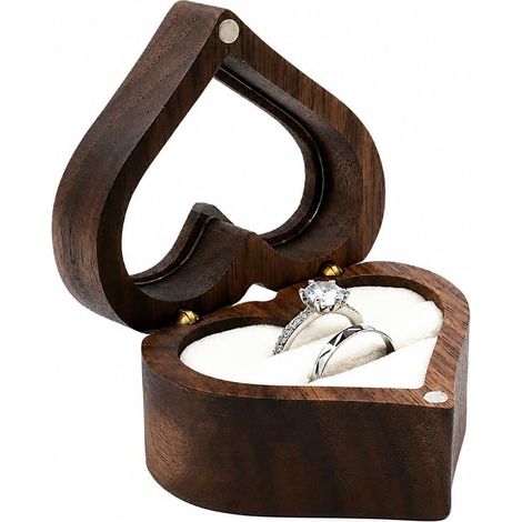 Boîte à Bagues - 1 Unité - Noyer - Forme Cœur - Velours Noir - Mariage Fiançailles - 6x6x3,5 cm (1/5)