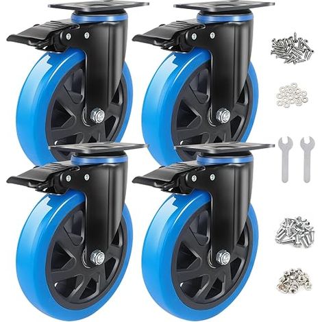 Set of 4 Heavy Load Swivel Castors 150 mm Blue Up to 1000 kg - Furniture Casters with 360° Rotation Brake, Suitable for Workbenches and Trolleys - Durable Industrial Wheels (1/4)