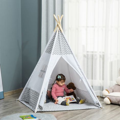Tente Enfants Tipi Portable Fenêtre Tapis Sac Transport Intérieur Extérieur Aménagement +3 ans Bois Gris 120x120x155cm (1/4)