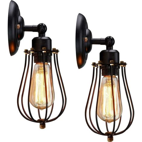 Lot de 2 appliques murales industrielles, appliques murales rétro réglables en métal noir avec abat-jour cage E27, suspension vintage, plafonnier rustique pour salon, chambre, cuisine, bar ou café (1/5)