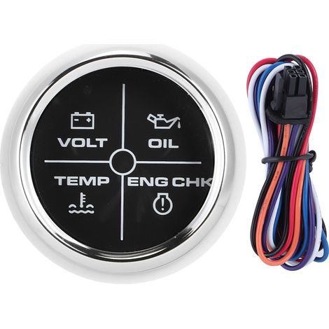 52mm Multifonction 4LED Alarme Témoin Volt Eau Temp Huile Pression Jauge 12/24V Bateau Marine Cadran Noir Couvercle Argent (1/5)