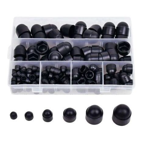 Lot de 145 cache-écrous hexagonaux en caoutchouc, capuchons de vis, écrous en plastique avec boîte de rangement, 145 pièces noires M4 M5 M6 M8 M10 M12 (1/4)