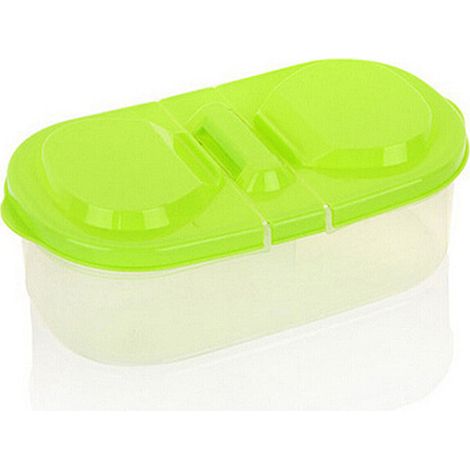 Caja de almacenamiento de plástico de doble compartimento con tapa para alimentos de cocina, latas selladas, multifuncional, para refrigerador, color verde. (1/5)