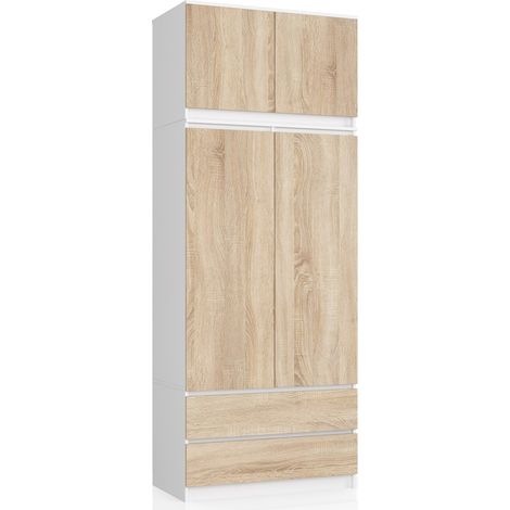 Akord – Armoire surmeuble blanche 90 cm – 2 portes battantes – 2 tiroirs – Façade chêne sonoma – 6 étagères – Dimensions 90x51x234 cm