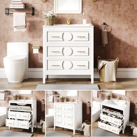 Meuble sous vasque blanc 81x46,5cm avec lavabo céramique, 3 tiroirs commode rétro à fermeture amortie, meuble salle de bain autoportant ensemble avec poignées métalliques (1/5)