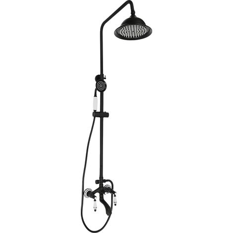 Système de douche noir rétro - Douche à effet pluie - Style antique - Ensemble complet - Douche à effet pluie avec robinetterie - Système de douche vintage avec douchette à main - Noir (1/5)