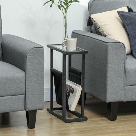Beistelltisch aus Metall mit Stofftasche und Glasplatte, schmaler Tisch für Wohnzimmer, Schlafzimmer, Schwarz