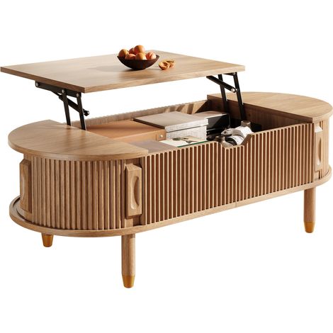 Mesa de centro ovalada elevable (110x48x57 cm), con almacenaje, puertas correderas, MDF, natural (1/5)