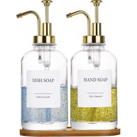 2-teiliger Seifenspender aus Glas – 500 ml mit goldener Pumpe – Bambusschale, Trichter und 18 Aufkleber – Transparenter Spender – Geeignet für Küche und Bad (1/5)