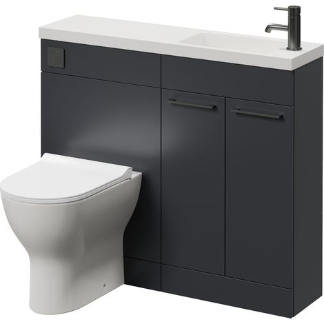 Napoli 250 Gloss Grey 1000mm 2 Door Vanity Unit Toilet Suite with Round Silvo Basin - 1000mm - Gunmetal Grey 160mm HandleWith Jubilee Toilet Pan and Seat