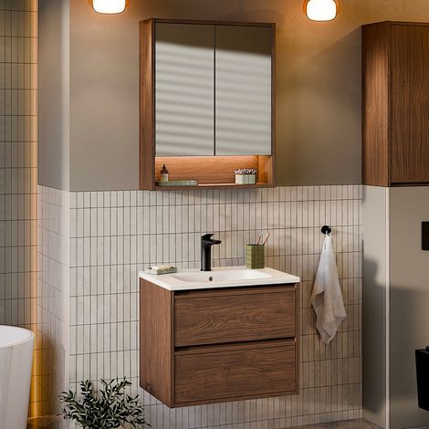 Conjunto mueble con lavabo empotrado 60cm y armario con espejo Edmé Madera oscura (1/4)