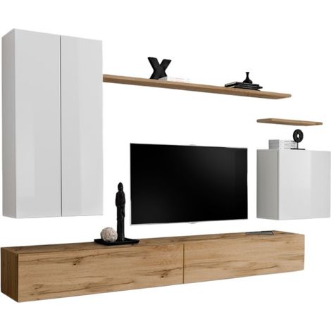Composición mural SWITCH II mueble de TV suspendido blanco y roble Wotan 270 cm (1/5)