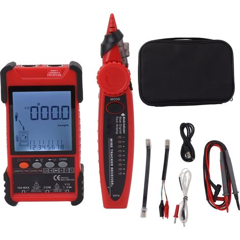Testeur de câble réseau 2-en-1 Multimètre numérique Écran LCD Kit de localisation de fils pour cartographie et traçage de câbles métalliques Rouge (1/5)