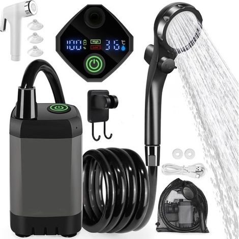 Tragbare Campingdusche, Campingdusche mit Pumpe, Außendusche mit Pumpe und Temperaturanzeige, mobiles Duschset, 6000 mAh, wiederaufladbar, mobile (1/5)