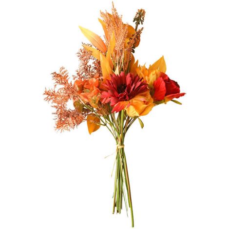 SABIR Bouquet de fleurs artificielles en soie 44 cm – 2 roses, 2 gerberas, 1 hortensia – Décoration mariage, fête, centre de table – Rouge automne (1/5)