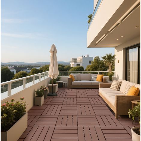 Plastic Interlocking Deck Tiles,44Pack Patio Deck Tiles,12"x12" Square Waterproof Outdoor All Weather Use, Outdoor and Indoor Patio Decking Tiles for Poolside Balcony Backyard, Brown (1/5)